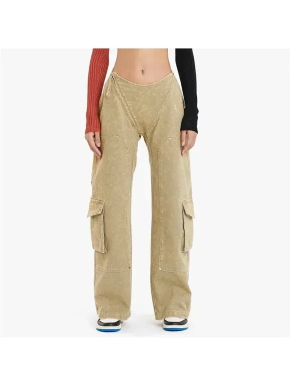RUVE Korl Cargo Pants Distressed Khaki 100% Cotton Denim Elastic Waist Pockets C